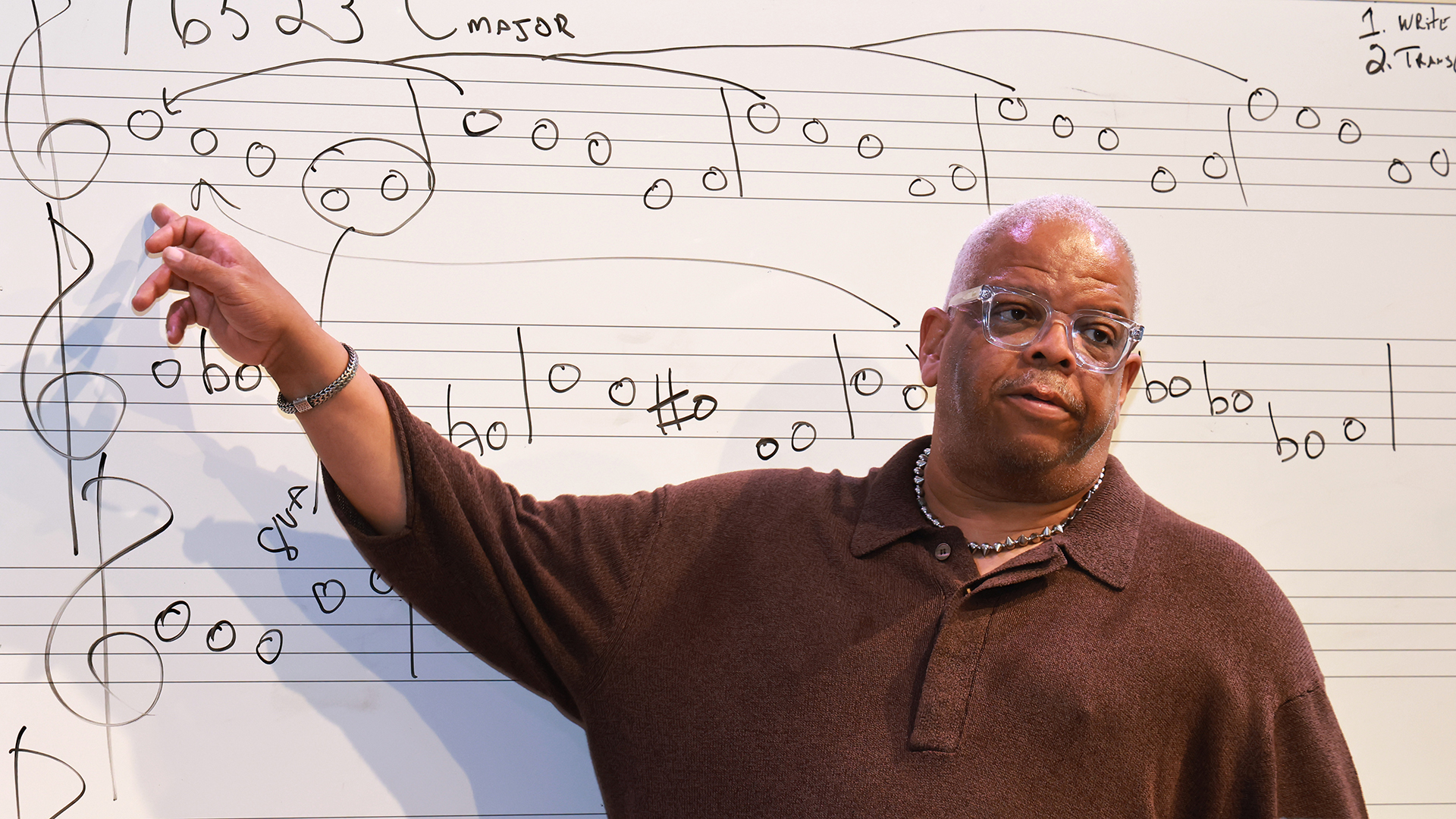 Bild in Originalgröße ansehen Terence Blanchard zeigt bei der Masterclass, wie aus wenigen Noten eine ganze Komposition entstehen kann. (Foto: Bernd Eßling)