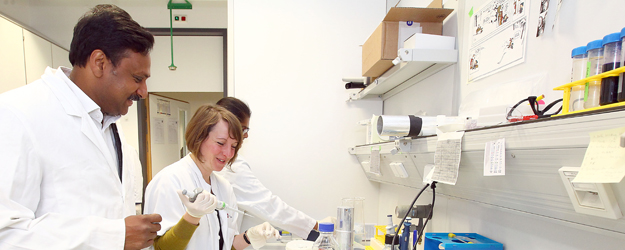 Prof. Dr. Krishnaraj Rajalingam (l.) und seine internationale Arbeitsgruppe interessieren sich für eine spezielle Klasse von Molekülen, die als Signalapparat in den Zellen arbeiten. (Foto: Stefan F. Sämmer)