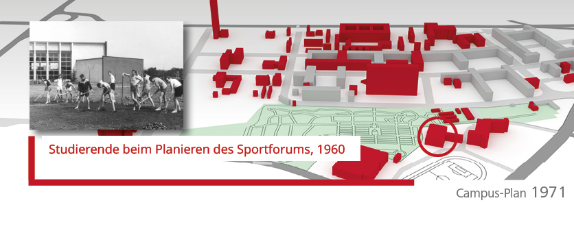 Rot markierte Gebäude sind zwischen 1947 und 1971 entstanden. (Foto: Universitätsarchiv; Abb./©: Christian Schneider)
