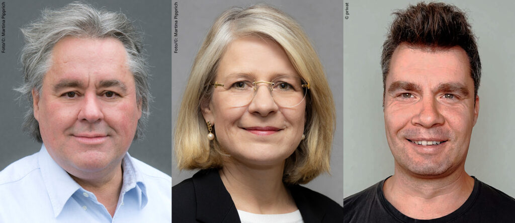 (v.L.) Prof. Peter Kiefer, Komponist, Klangforscher und Professor für Neue Musik / Neue Medien an der JGU, Dr. Carolin Lauer, Gesschäftsführerin der Hochschule für Musik Mainz und Koordinatorin des Projekts ARS, und Journalist und Podcast-Produzent Christian Conradi (Fotos/©: Martina Pipprich / © privat)
